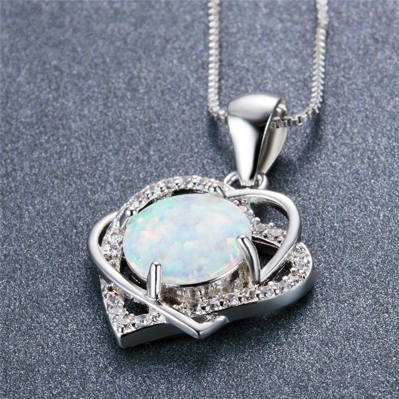 Fashion Women Necklace Double Heart White Fire Opal Pendant Wedding Accessories Birthday Gift For Girl Jewelry