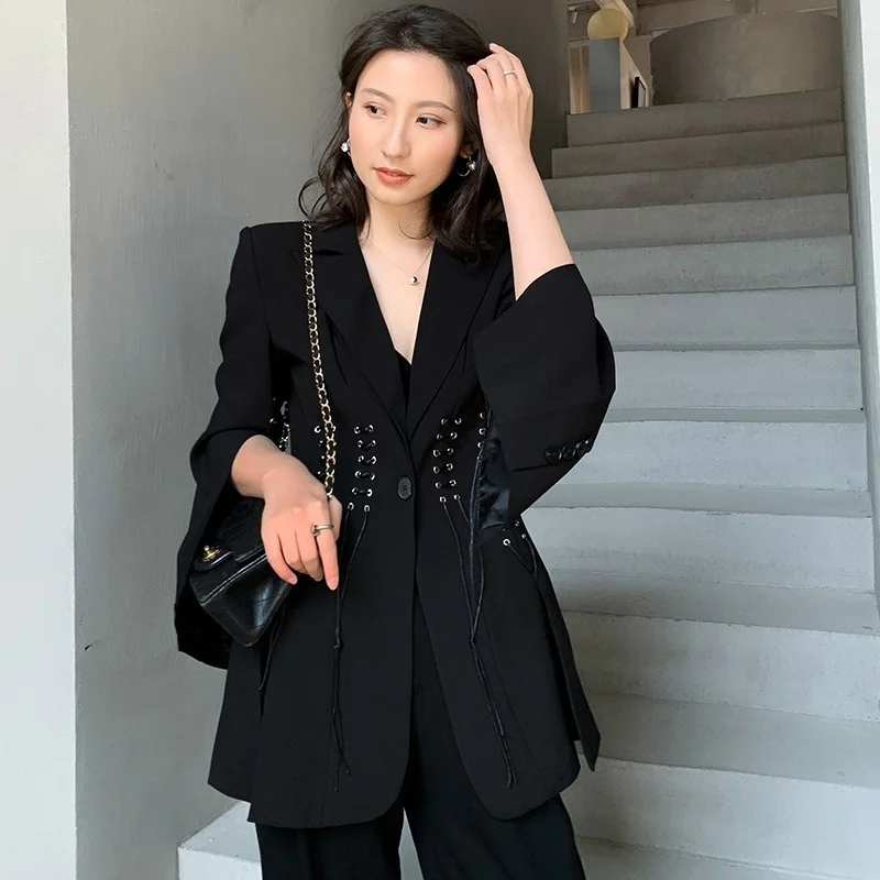 Office Designer Ladies Black Suit Jacket Slim Bandage Split Long Sleeve Autumn Fashion Blazer Tops Korean Style Women Blazers