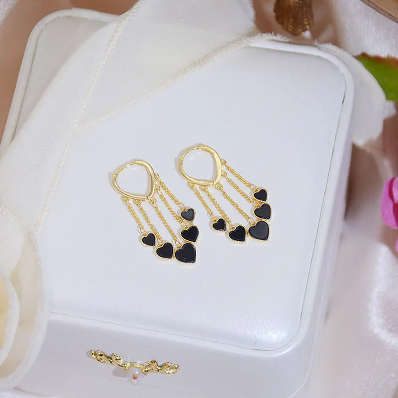 Korean Plating 14k Real Gold Minimalist Retro Black Heart Charm Earrings Tassel Temperament Luxury Delicate Romantic Earrings
