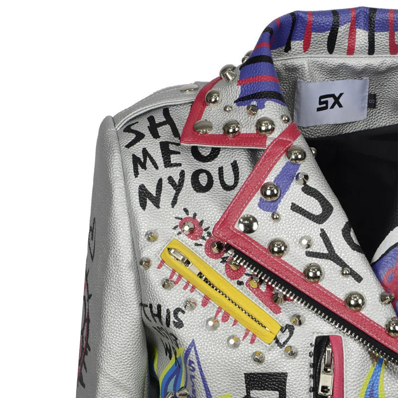Chaqueta de cuero sintético para mujer, abrigo con remaches, bordado Floral y águila, estilo DJ Punk