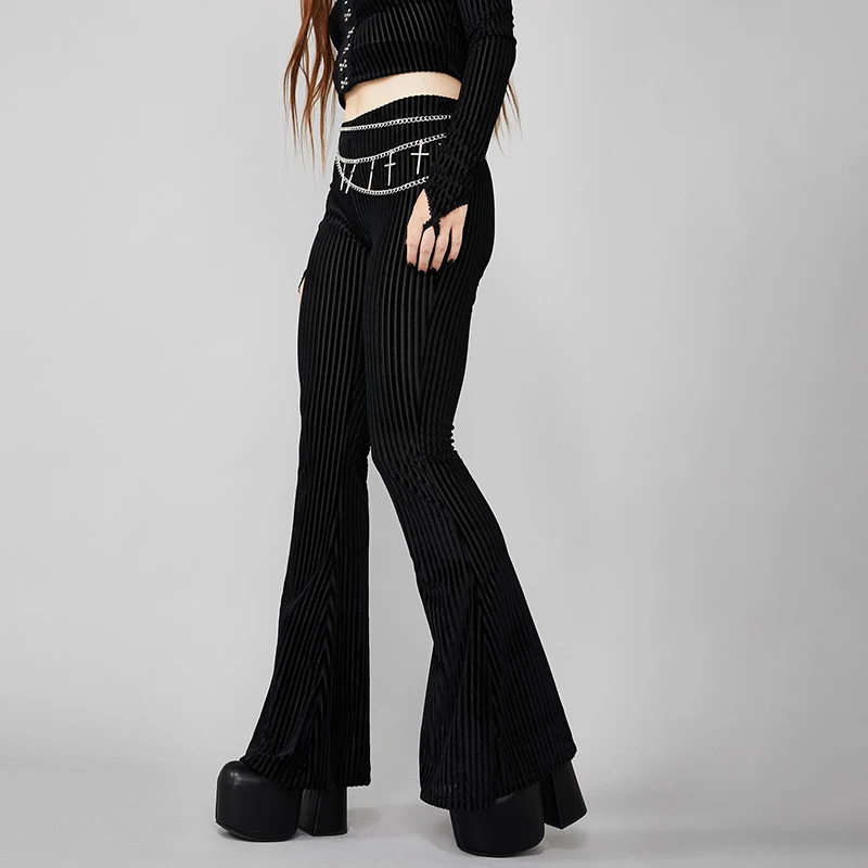 2023 Spring Women High Waist Black Leg Pants Goth Female Velvet Stripe Skinny Streetwear Dark Gothic Vintage Elasticity Trousers