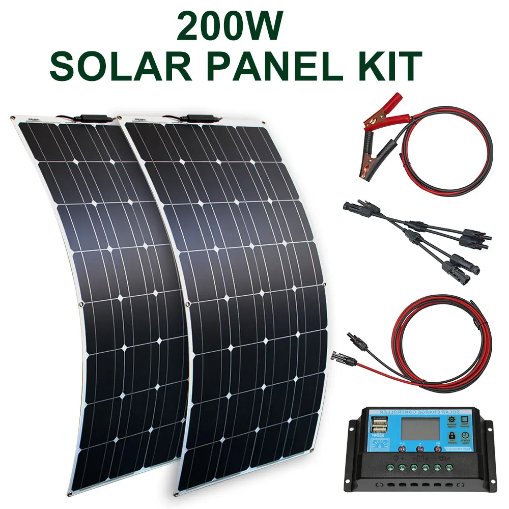 18v 100w 200w flexible solar panel with 10A/20A solar regulator cable for 12v battery charger home roof