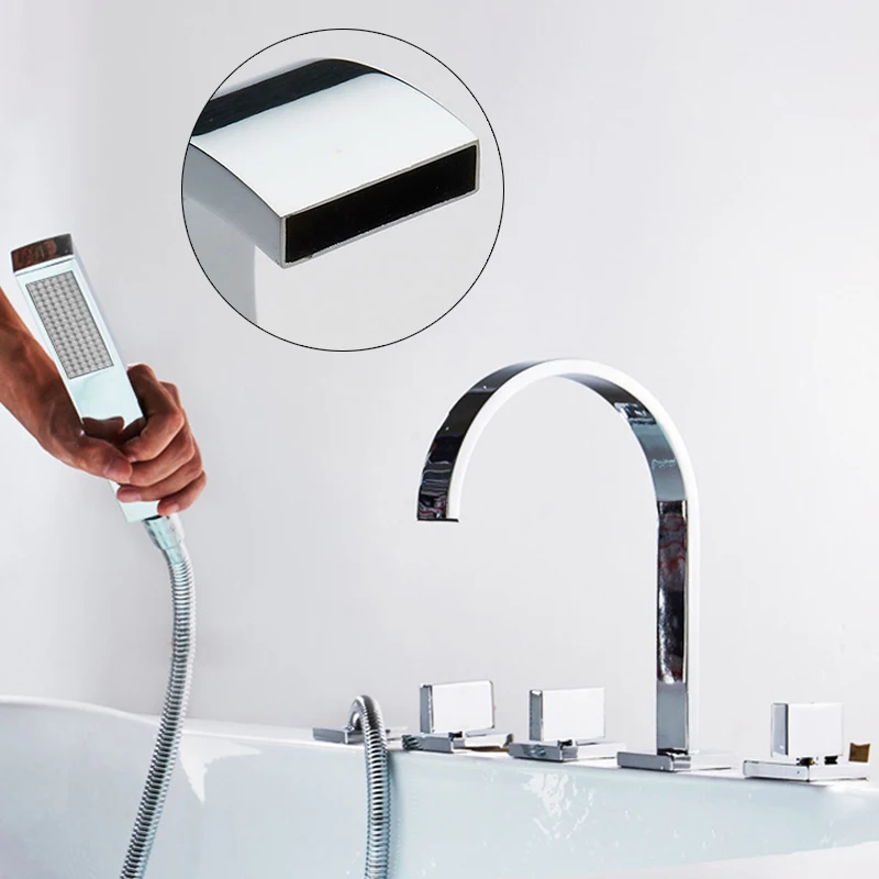 Imagem -03 - Ellen-square Bathtub Faucets Mixer para Banheira Guindaste de Água Quente e Fria com Chuveiro de Mão Acabamento Cromado El7911b Furos