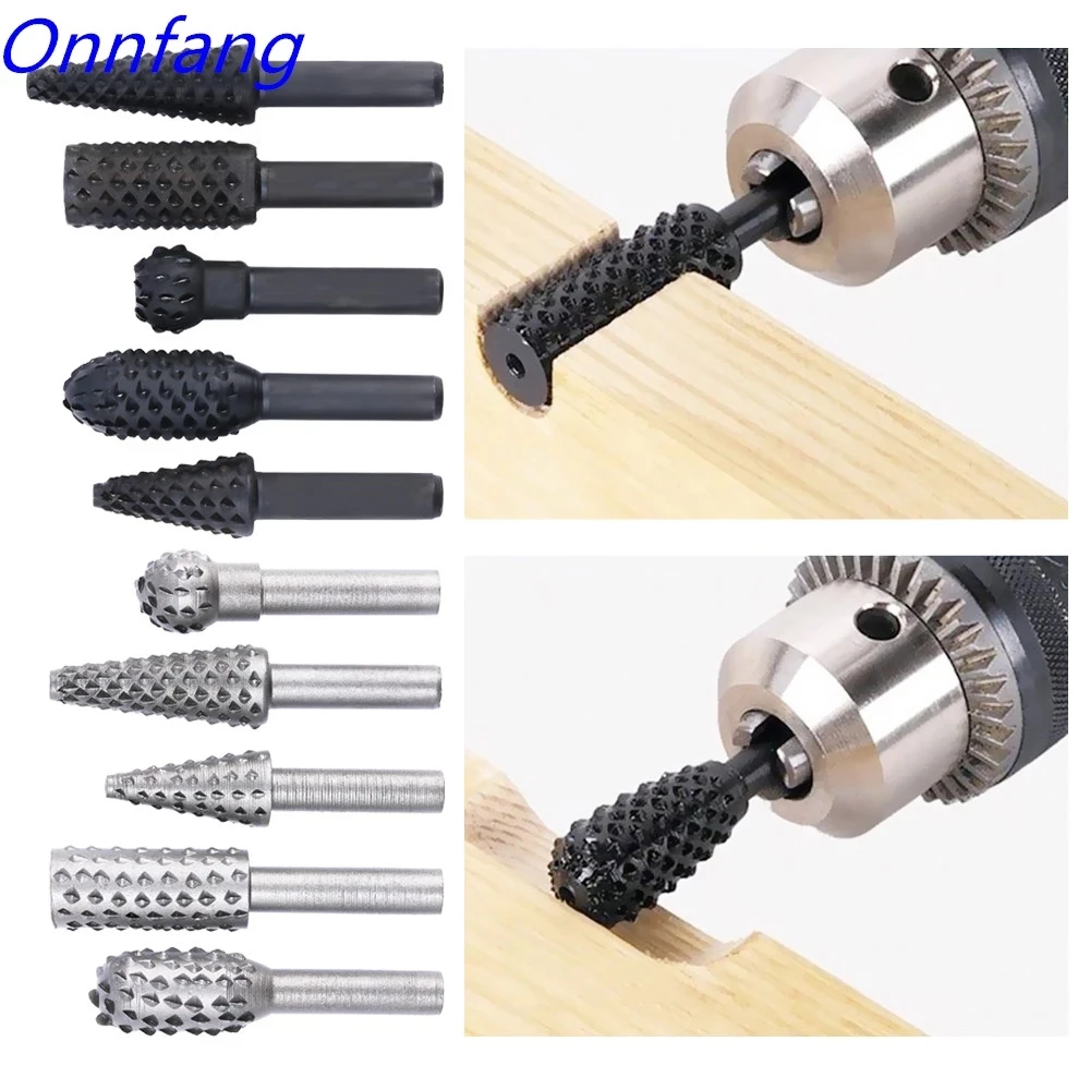 Onnfang 5 Pcs Craft Files Shank Rasp Bits 1/4" Shank Rotary Rasp File Rasp Burrs Wood Bits Grinding Woodworking Hand Tool Kit