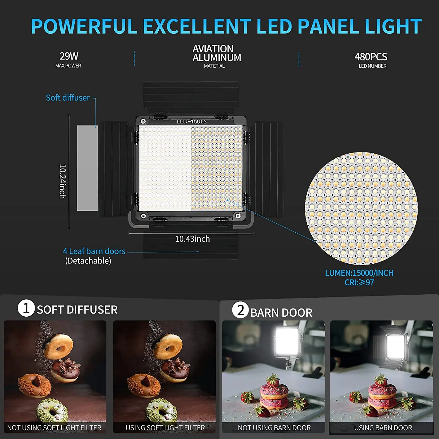 2 Pack GVM 480LS LED Photography Lighting Kits Bi-Color 2800K-6800K Led Video Light Panel +Barndoor with APP Control for YouTube