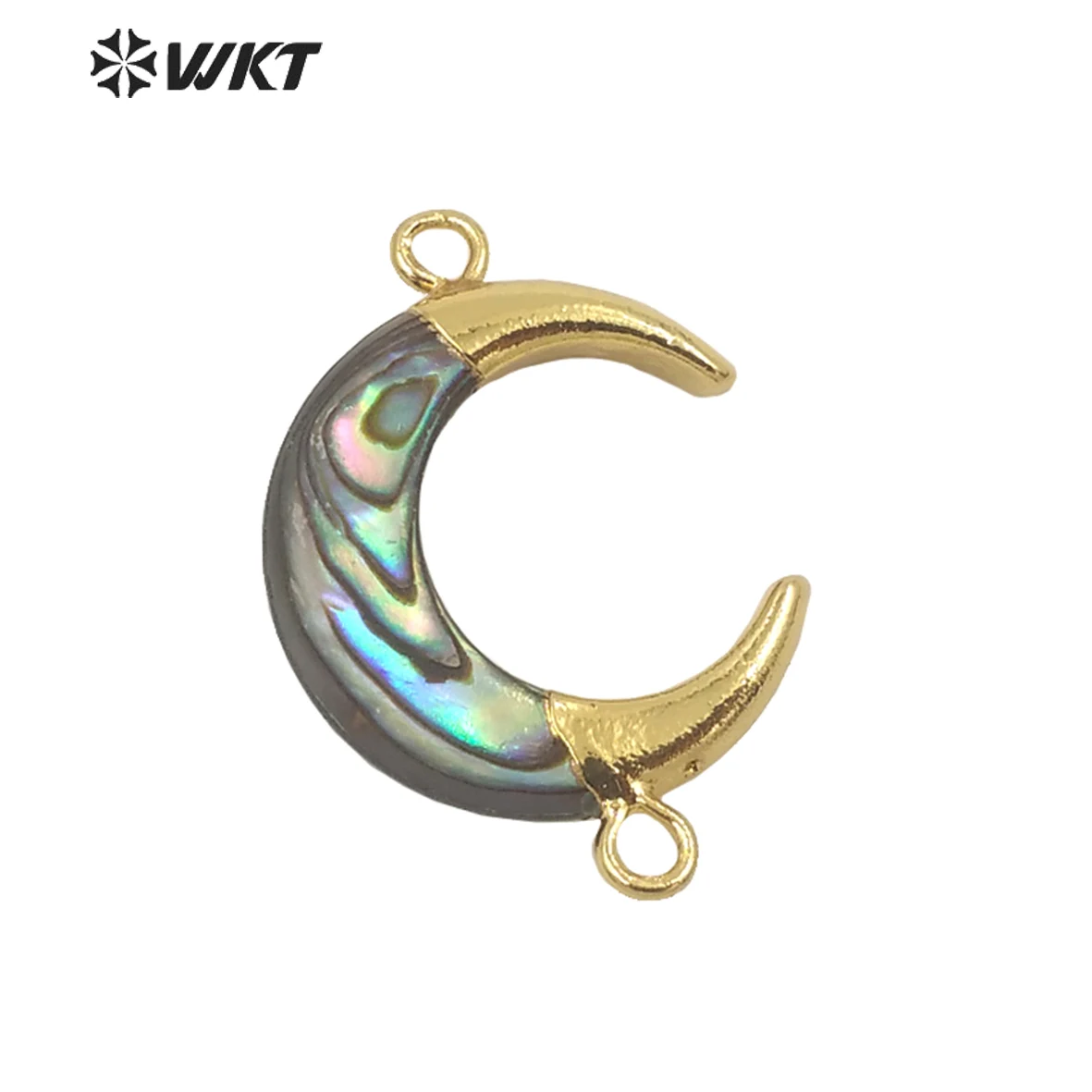 

WT-JP271 Unique Fashion Gold Dipped Double Loops Crescent Moon Paua Pendant Small Size Abalone Horn Connector Jewelry