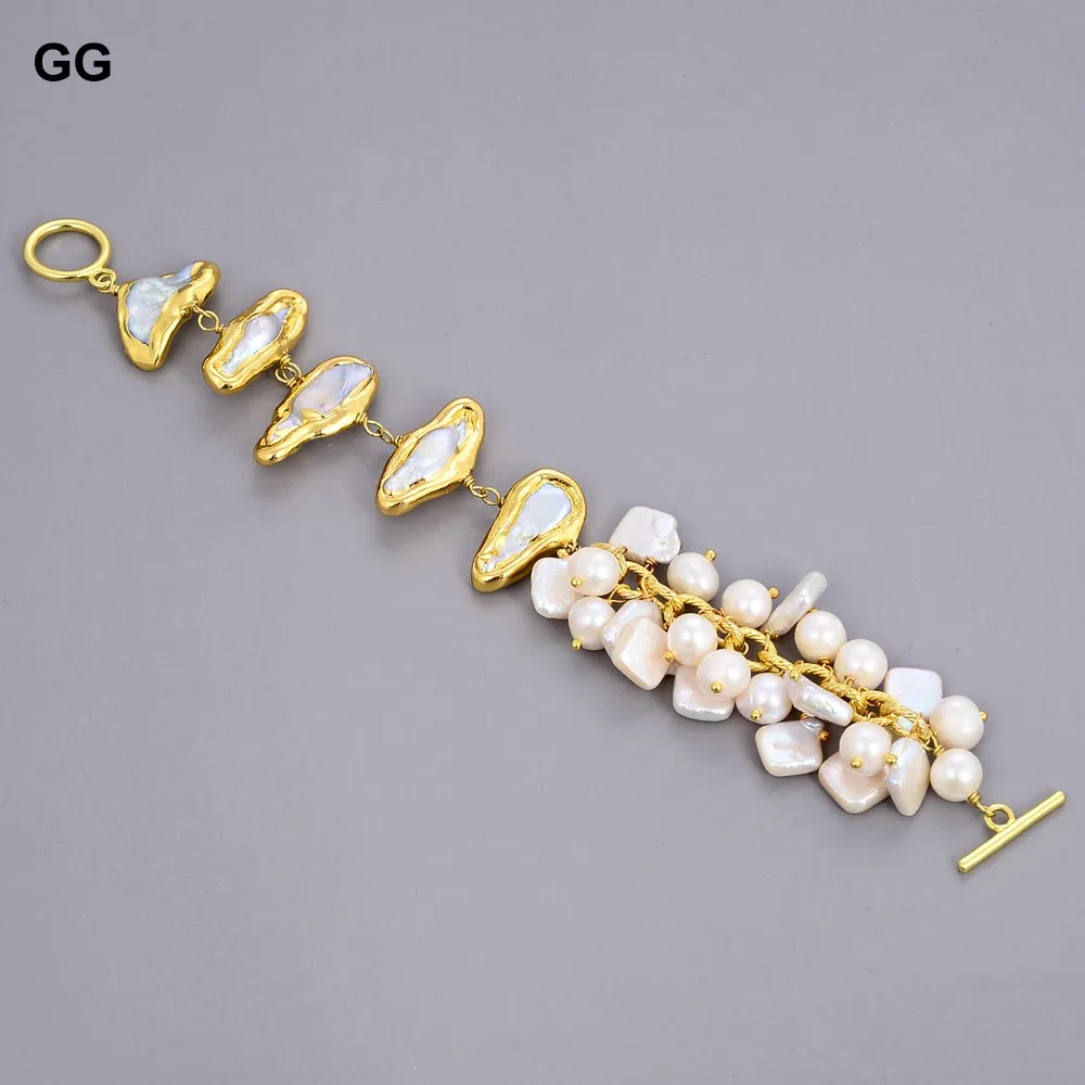 GuaiGuai Jewelry 8'' Freshwater White Biwa Keshi Pearl Potato Pearl Chain Bracelet