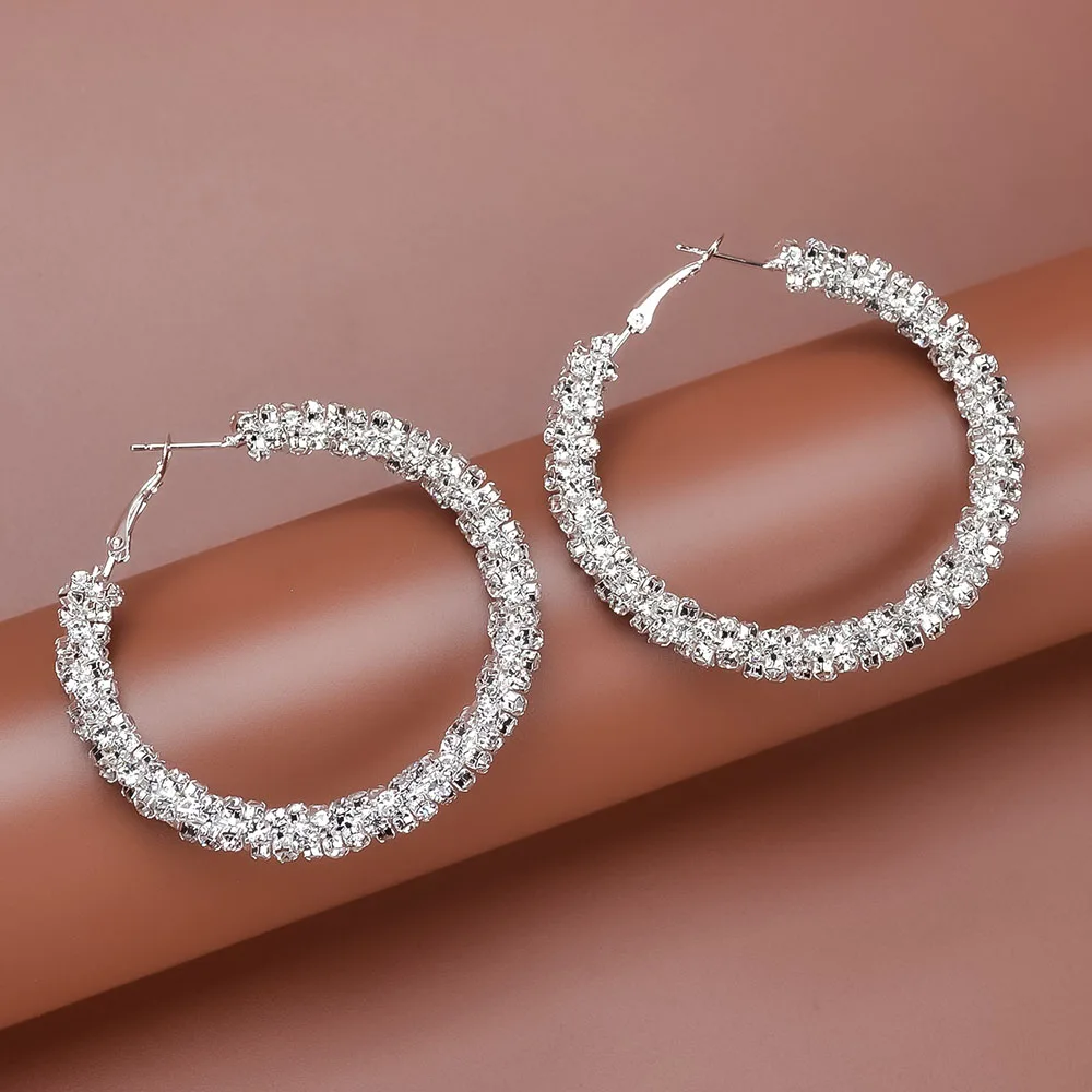 TREAZY Diamante Rhinestones Hoop Earrings Silver Color Full Crystal Big Circle Earrings For Women Trend Wedding Paty Jewelry