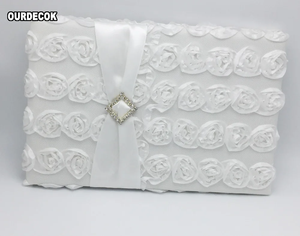 2Pcs/set Satin Wedding Signature Guest Book Communion Gifts Souvenirs White Flower Decoration Rhinestone Signature Book Wedding