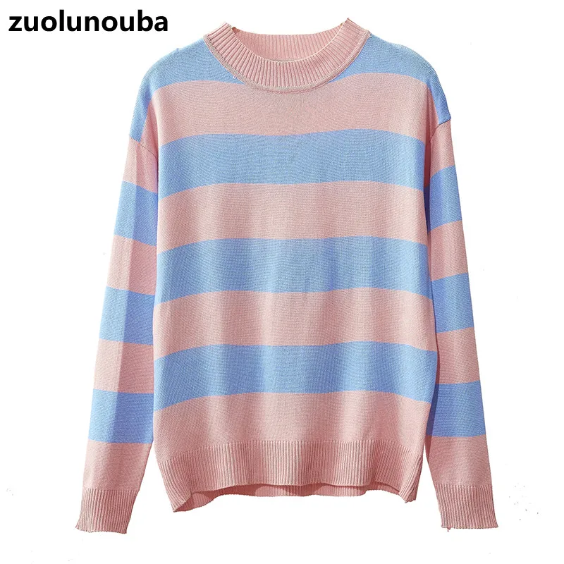 

2020 Autumn Round Neck Long Sleeve Striped Loose Women Knit Sweater Casual Loose Stitching Sweet Ladies Base Pullover Sweater