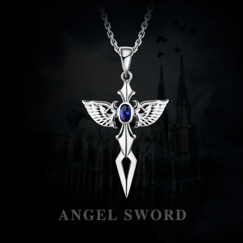 Angel Sword Necklace Simple Cross Wings Blue Crystal Pendant Personality Men's Street Hip Hop Jewelry Anniversary Gift