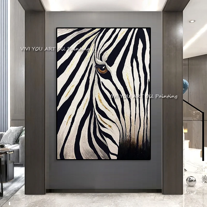 Imagem -03 - Abstrato Moderno Decoração da Casa Parede Arte Imagem 100 Artesanal Animal Pintura a Óleo da Lona Preto Branco Zebra Pinturas