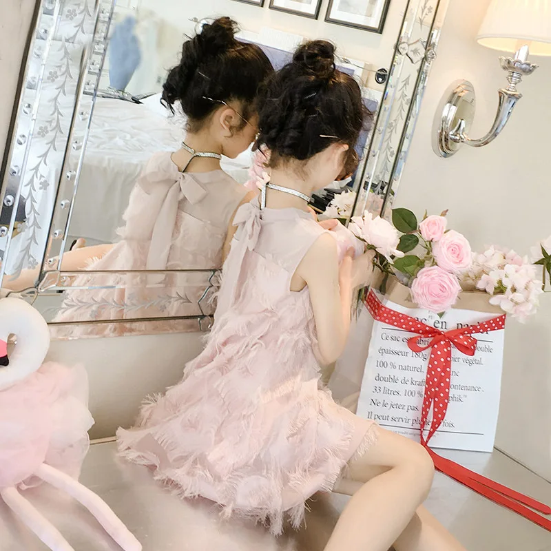 Girls dress summer 2022 new children\'s princess dress baby Kids feather skirt chiffon mesh Dress