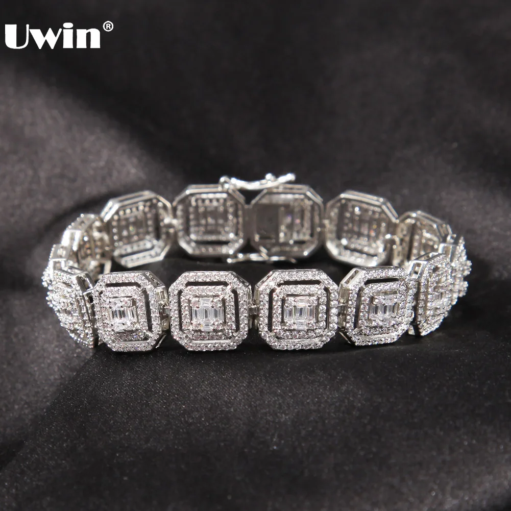 

UWIN 13mm Cuban Chain Bracelet with Baguettecz CZ Micro Paved Iced Out Cubic Zirconia Bracelets Men Women Luxury Accessories