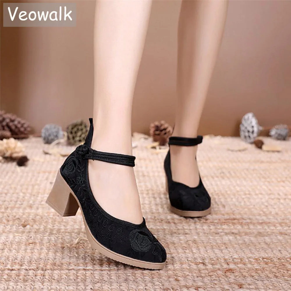 Veowalk żakardowa bawełna haftowane damskie masywne obcasy 6cm damskie Casual Comfort stare pekińskie czółenka Retro chińskie buty