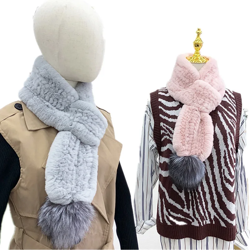 

Women Real Rex Rabbit Fur Hand Knitted Scarf Wholesale Fluffy Winter Warm Wraps with Pompom Ball New Style Neck Warmer for Girls