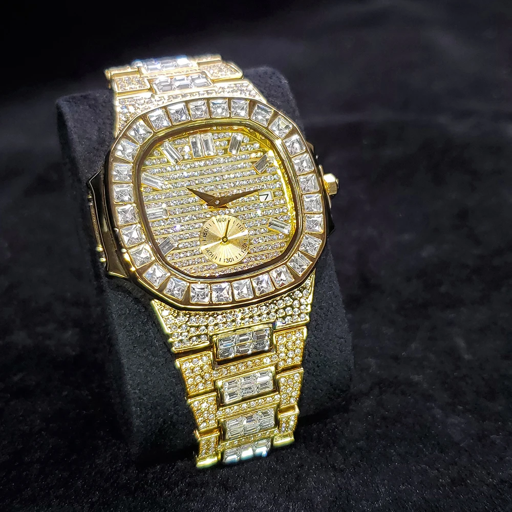 42mm relógio de quartzo masculino à prova dshockproof água à prova de choque cronógrafo quadrado diamante bezel relógios de pulso de vidro safira nautilus relógio masculino