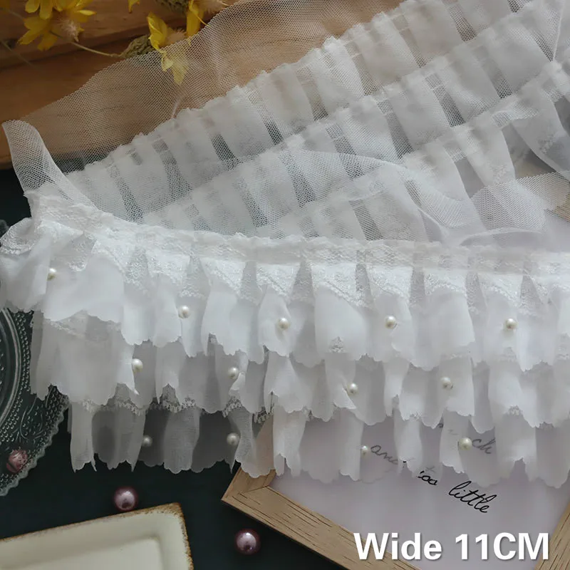 

11CM Wide Three Layers White Pleated Chiffon Fabric Lace Beads Embroidered Fringe Ribbon Ruffle Trim Wedding DIY Sewing Supplies