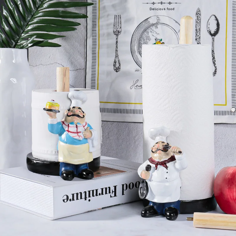 Creative Tissue Holder Resin Double-Layer Chef Figurines Paper Towel Rack Home Kitchen Cake Shop Restaurant Crafts Decoration