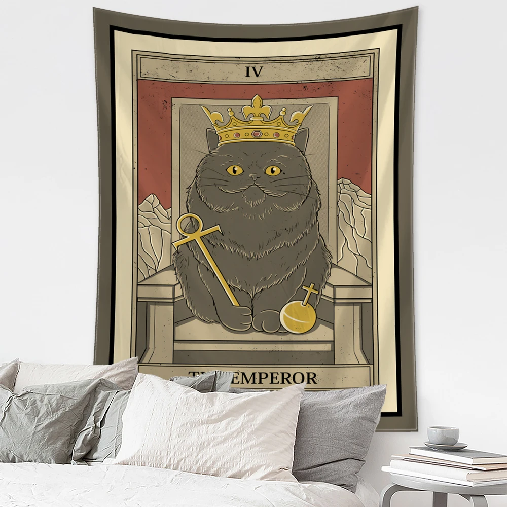 Cartoon Cat Tarot Tapestry Wall Hanging Mysterious Psychedelic Witchcraft Tapiz Hippie Kawaii Home Decor
