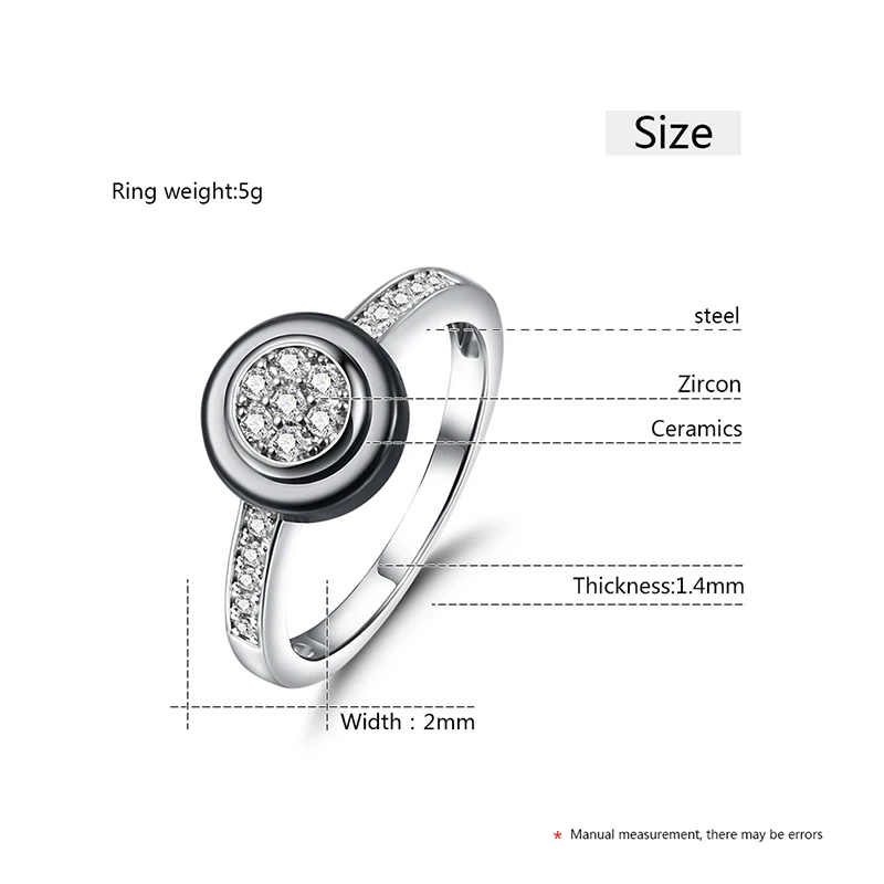 2mm Width Black White Ceramic Rings for Female Crystal Zircon Rings for Women Fashion Jewelry Wedding Engagement Statement Ring