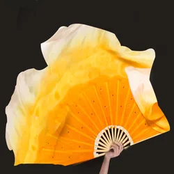 Real Silk Veil 1 Pair Colorful Chinese Folk Dance Fan Bamboo Ribs Double Sided Props Performance Short Fan Veils Yellow Gradient