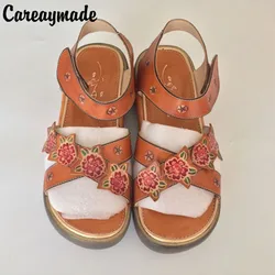 Careaymade-New Folk style Head layer cowhide pure handmade Carved shoes,the retro art mori girl shoes,Women's casual Sandal