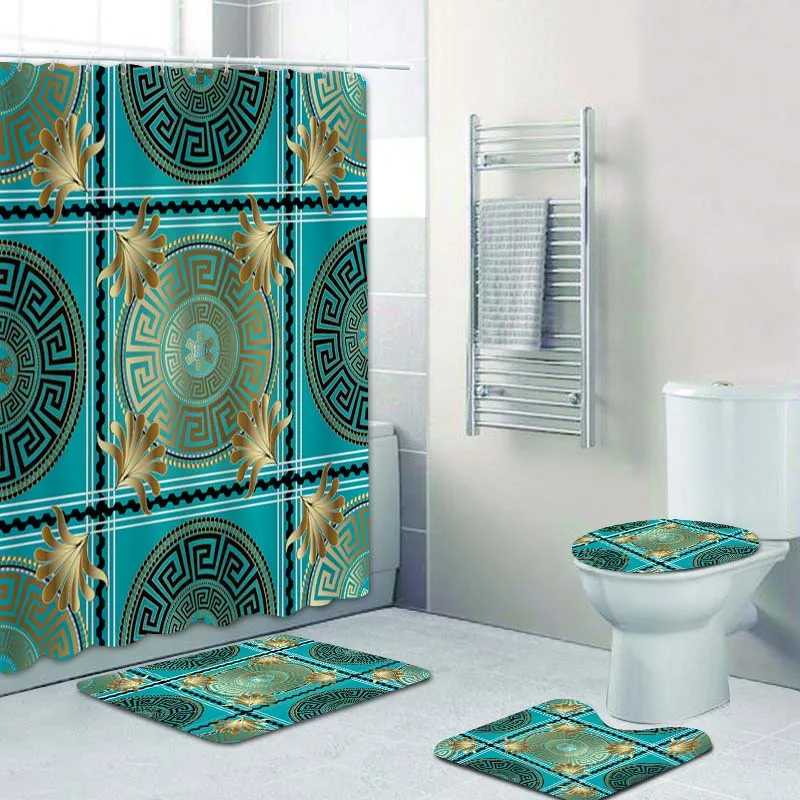 3D Turquoise Gold Greek Style Floral Paisley Greek Key Meander Ornamental Bathroom Shower Curtain and Bath Rug Set Luxury Decor