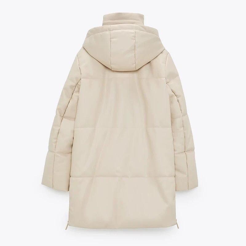 Inverno imbottito con cappuccio PU parka donna piumino in ecopelle femminile cappotto con cerniera allentata cappotti lunghi caldi casuali