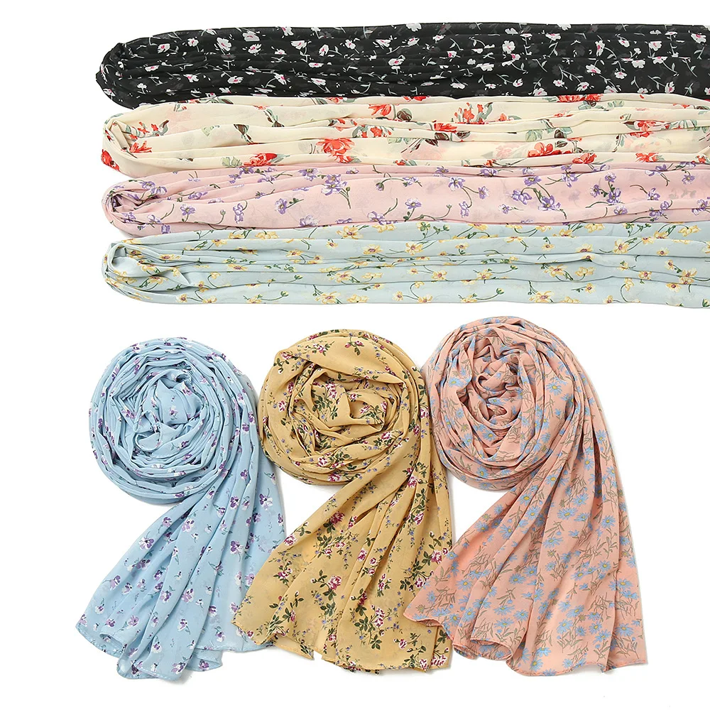 Breathable Floral Bubble Chiffon Scarf Hijab Flower Pattern Muslim Women Long Hijabs Islam Head Scarves Headband Turban Headwrap