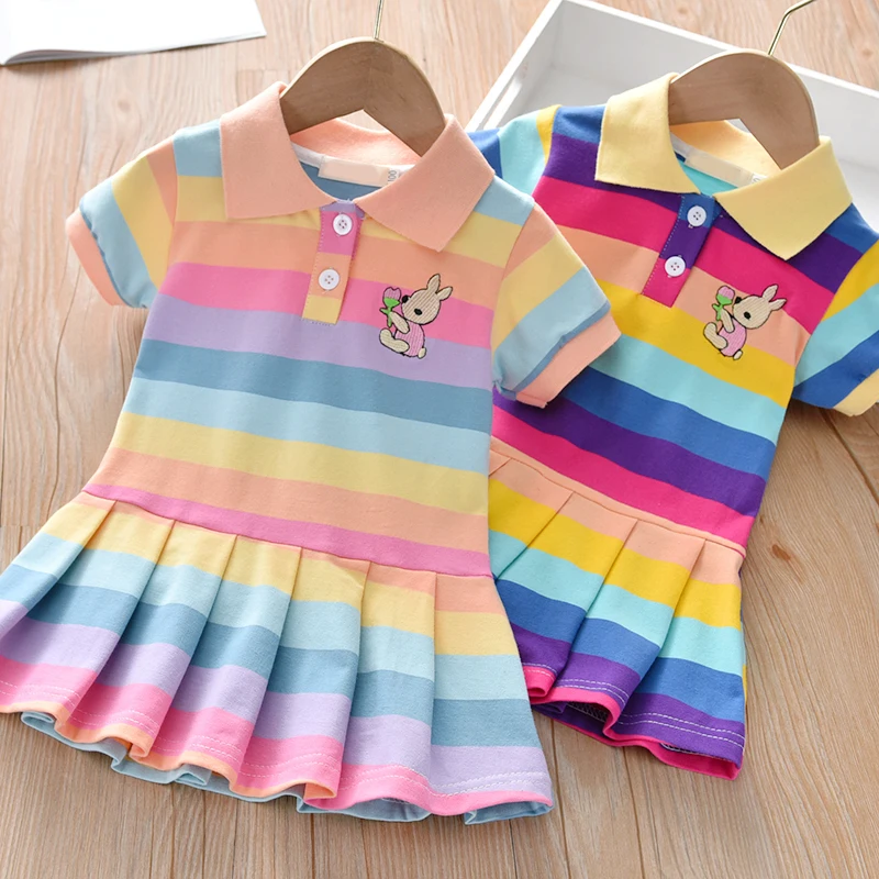 Baby Girls Bunny Decoration Dress New Little Girl Rainbow Short Sleeve Princess Girls Casual Dresses 2020