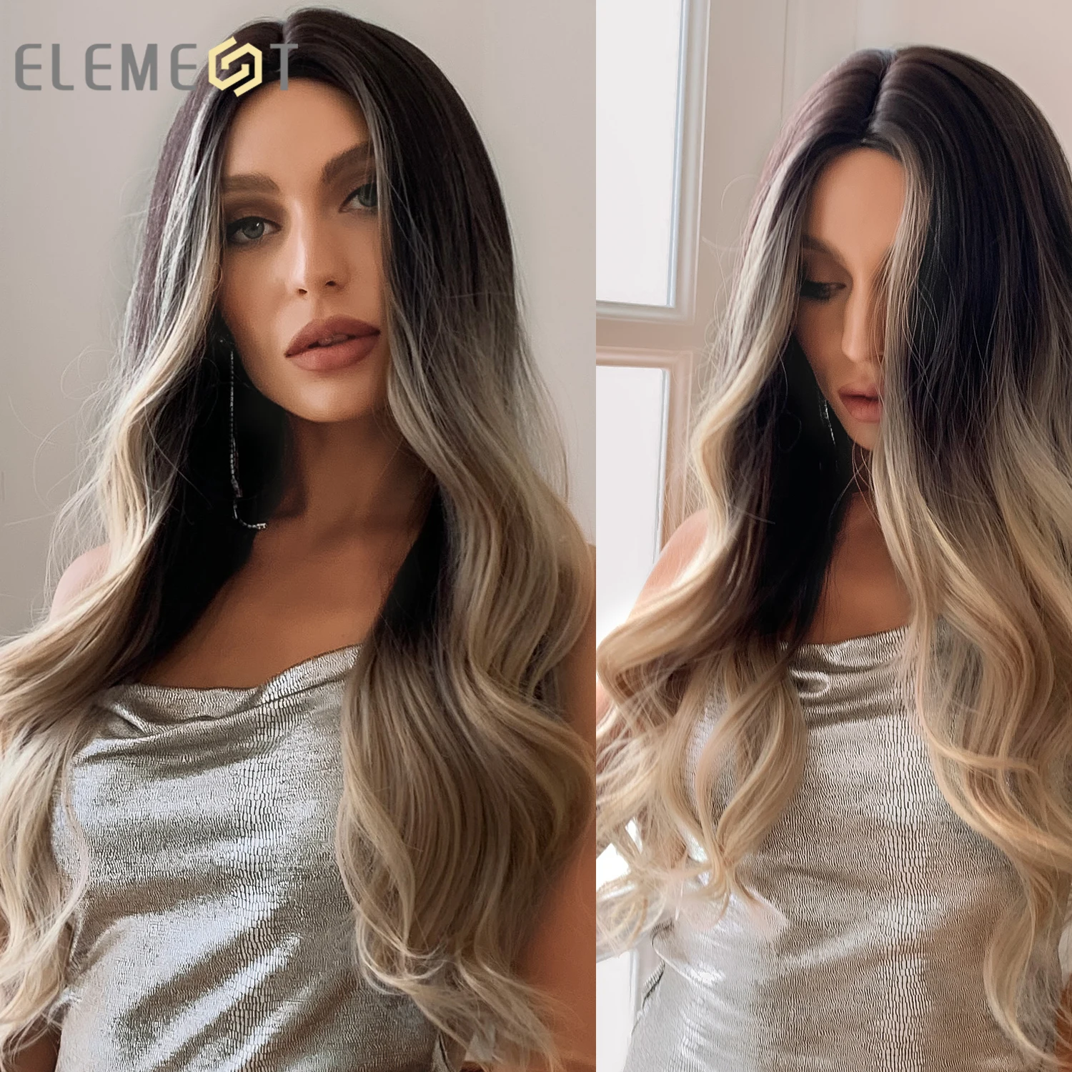 Element New Long Wave Wig Women Ombre Black Blonde Wig For Woman Top Synthetic Heat Resistant Cosplay Party Fashion Hair Wigs