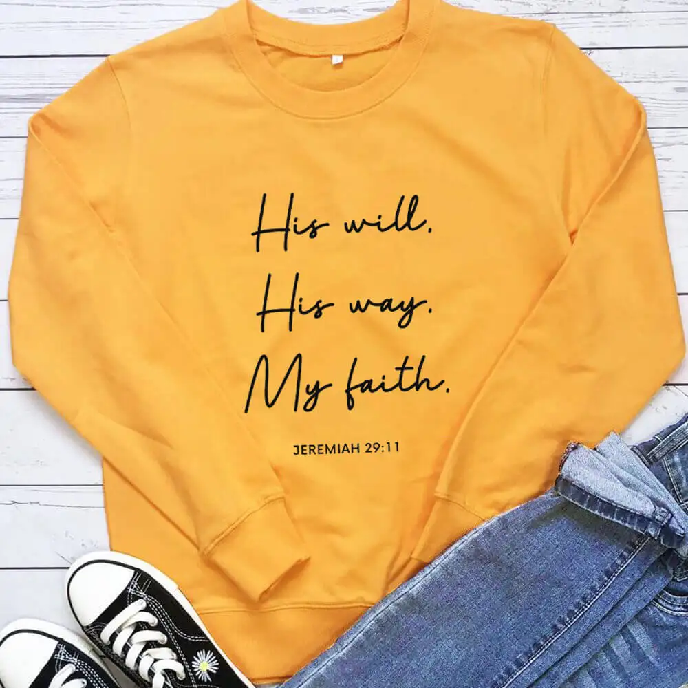 His Will His Way My Faith 100%Cotton Printed Women\'s Sweatshirts Christian Casual O-Neck Pullovers Long Sleeve Tops Gift For Her