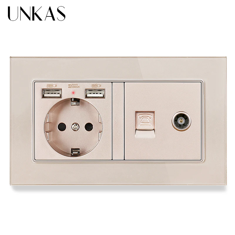 UNKAS Luxury Glass Panel EU Wall Socket Dual USB Charge Port Hidden Soft LED + RJ11 Telephone Jack And Female TV Connector