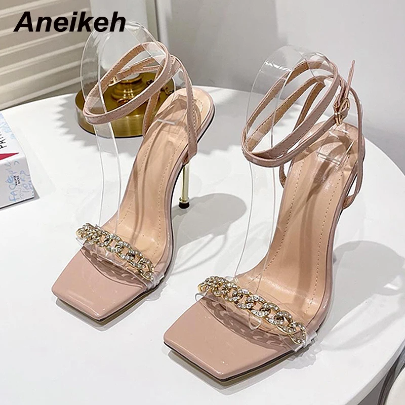 Aneikeh 2024 New Crystal Metal Chain Decoration Fine Heel Sandals Women\'s Transparent PVC Summer Sweet Buckle Strap Heels 35-41