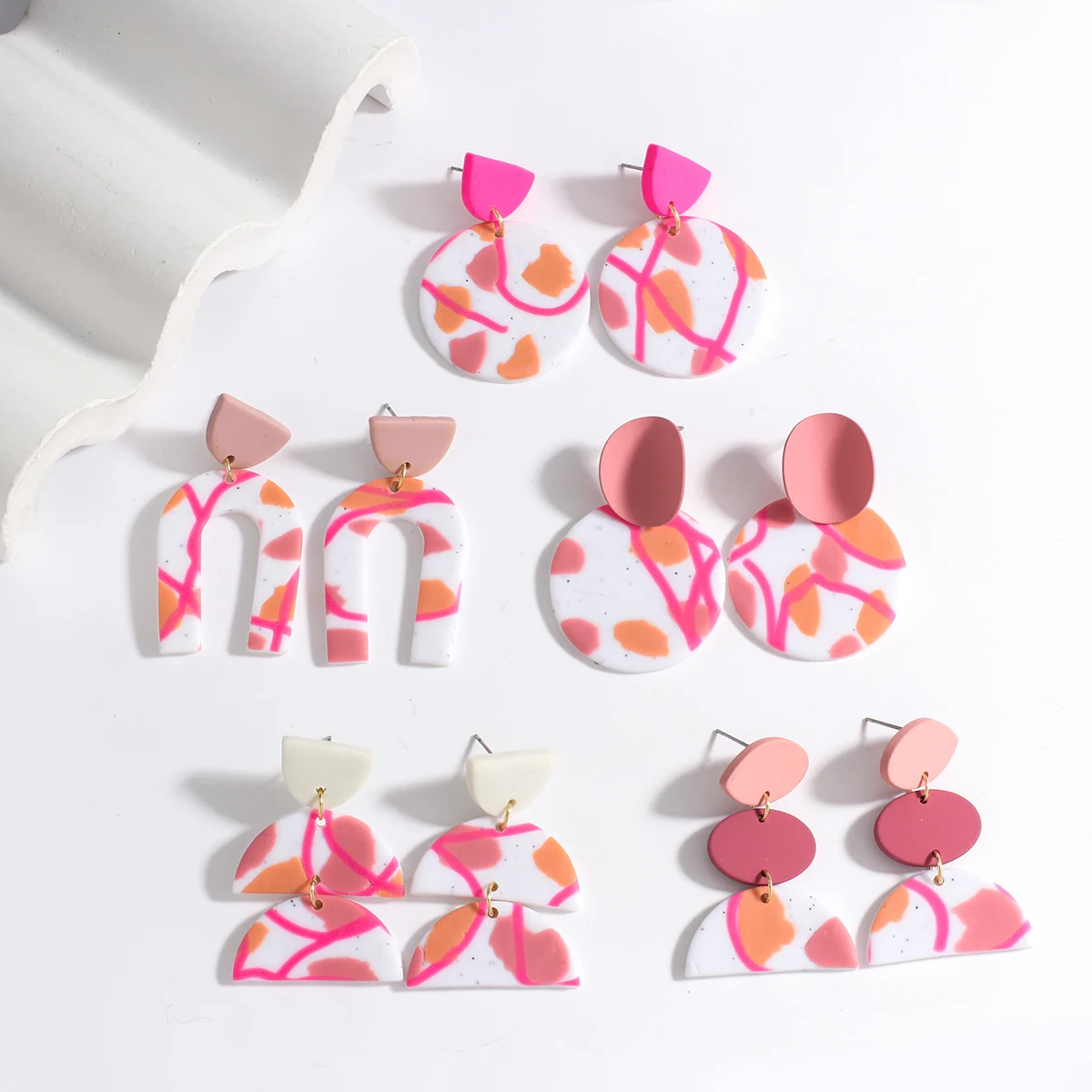 AENSOA Unusual Pink Abstract Pattern Polymer Clay Earrings for Women Geometric Round Arched Drop Earrings Handmade Jewelry 2022