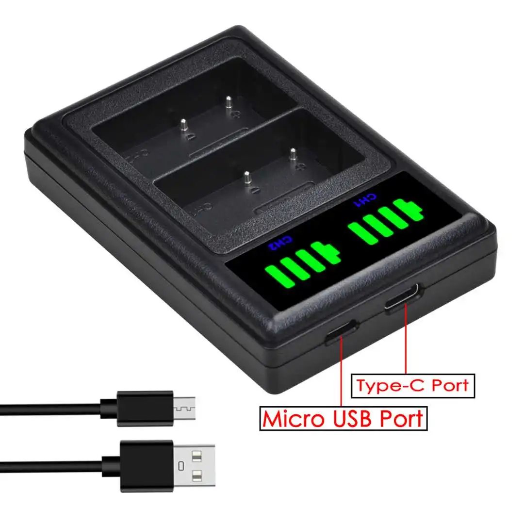 LCD Dual USB Charger For Panasonic Camera Battery DMW-BLH7/BLE9E/BLG10/BLC12 with Type-C Port