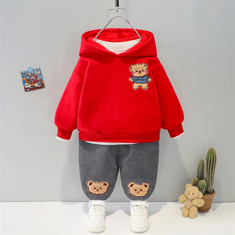 Children Warm Plush Sweater Pants Autumn Winter Cartoon Baby Girls Clothing Sets Infant Newborn Clothes Kids Hooded Sportswear