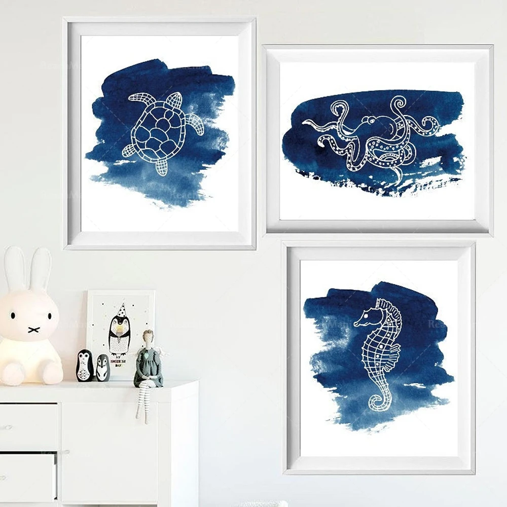 Nautical Nursery Gallery Wall Set-Octopus Sea Turtle Art Prints Seahorse Art, Navy Watercolor Navy Prints Marine Creature Decora