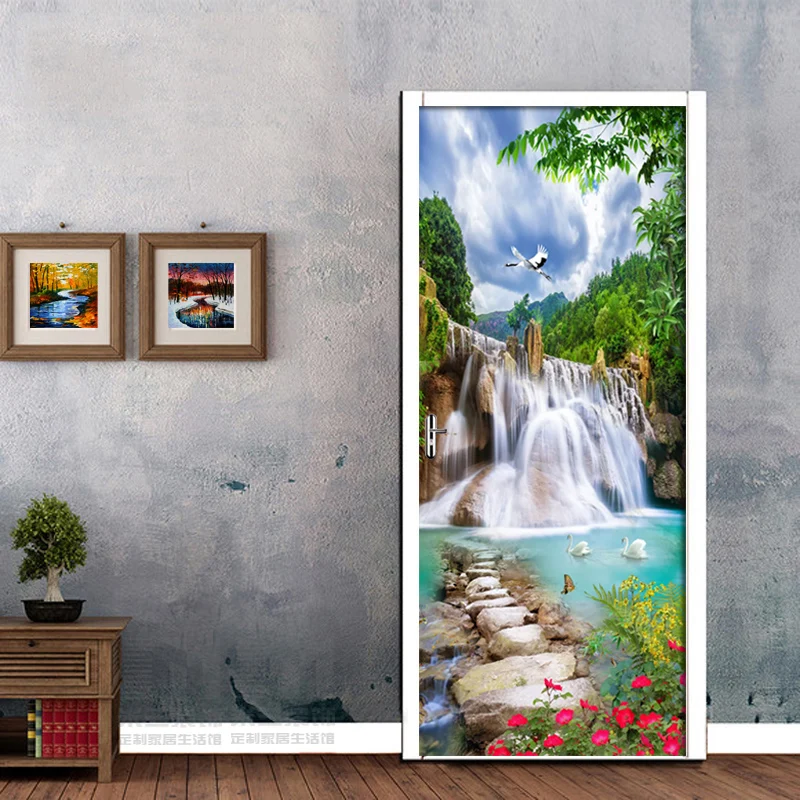 

3D Beautiful Mountain Waterfall Door Sticker Living Room Bedroom Self-Adhesive Waterproof Mural Wallpaper For Walls 3 D Sticker