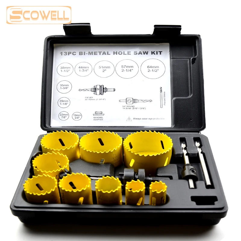 SCOWELL-Kit de coupe de scie cloche bimétallique HSS, foret, scie cloche, métal, bois, acier inoxydable, trou de porte coupé, 19mm -73mm, 9 pièces, 13 pièces