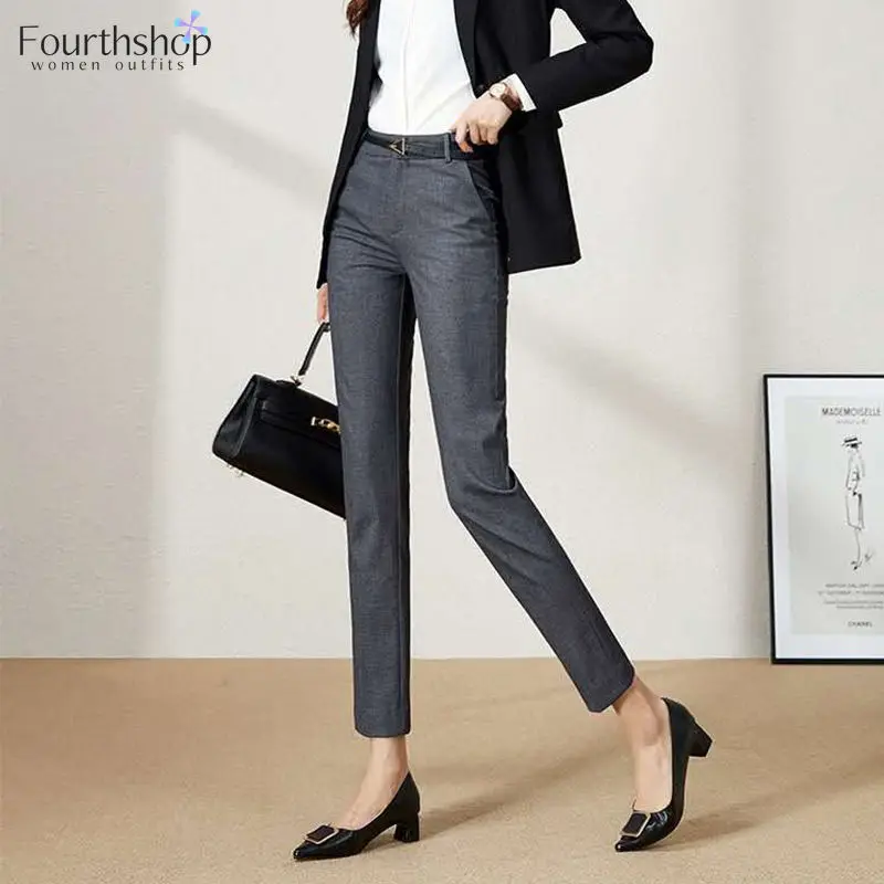 Office Work Wear Formal Pants Women Business Lady Trousers 2021 Autumn Winter Mid Waist Black Grey Pencil Pants with Belt Loop