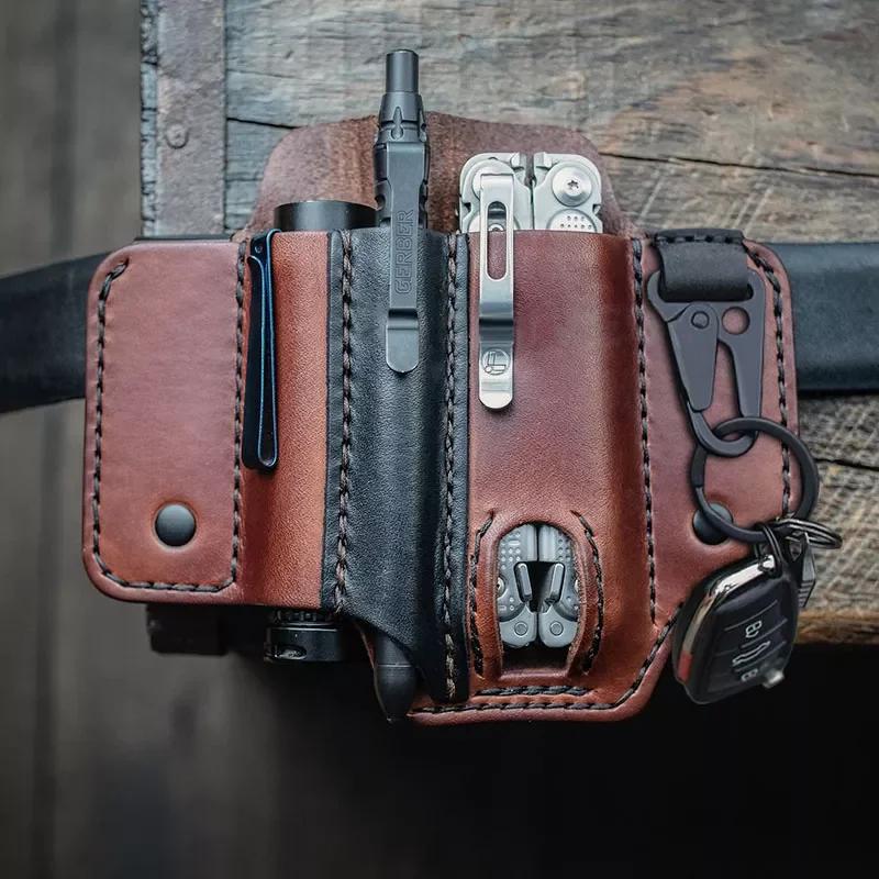 Kulit Sapi Asli Luar Ruangan EDC Taktis Multi Alat Sabuk Selubung Saku Organizer Pena Taktis Senter Tempat Kunci Holster