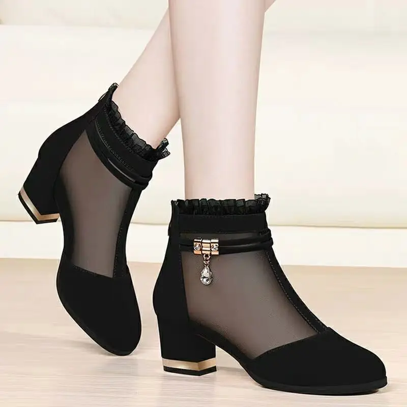 Women Sandals Boots,High Heeled Short Botas,Summer Mesh Shoes,Female Fashion Pointed Toe,Black,Big Size 35-41,Dropship