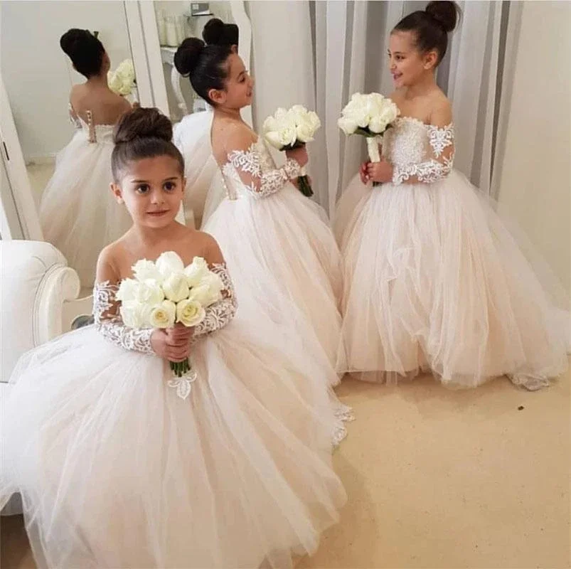 Classic Tulle Flower Girls Dresses With Bow Lace Long Sleeve For Wedding Birthday Party Toddler Kids First Holy Communion