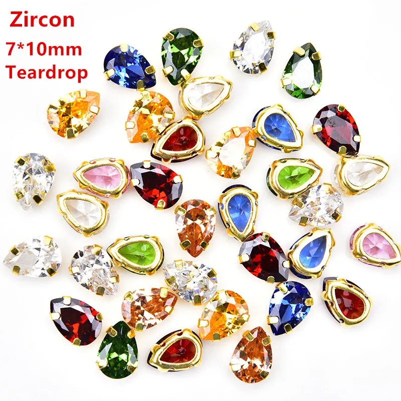 High Quality Zicron Rhinestones 7*10mm Teardrop Stone With Gold Claw Sew On Wedding Dress Decoration DIY Accessories 10pcs/lot