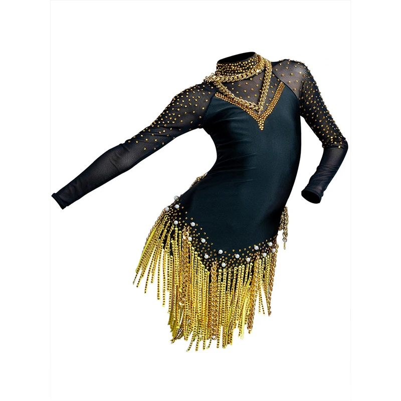 Dança latina competição vestido meninas high end ouro strass mangas compridas franja vestido cha rumba dançarino palco traje bl6058