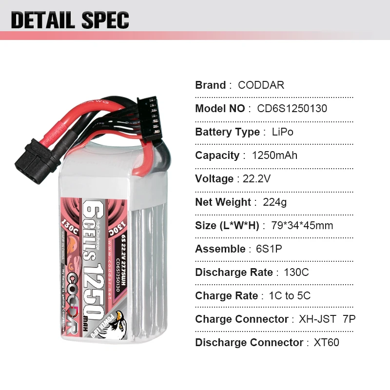 CODDAR RC Drone 2S 3S 4S 5S 6S Lipo Battery 7.4V 11.1V 14.8V 18.5V 22.2V 1000mah 1100mah 1250mah Quadcopter Battery With XT60