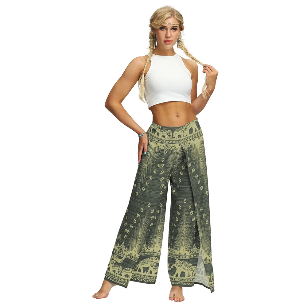 2021 nova mulher harem calças fenda perna larga calças de yoga palazzo casual boho hippie