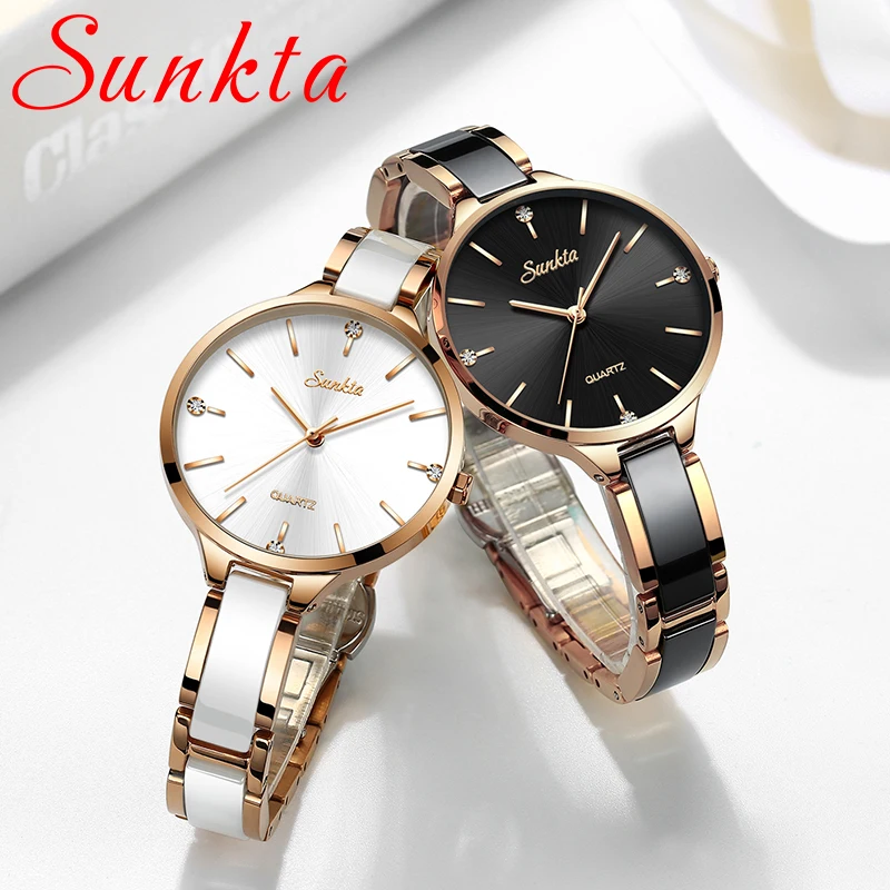 SUNKTA Women Watch Ceramic Watch Women Simple Diamond Clock Casual Fashion Watch Sport Waterproof Wristwatch Relogio Feminino